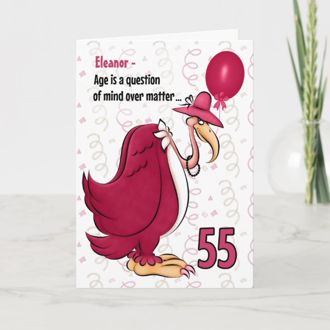 Carte 55e Anniversaire drôle Buzzard rose avec nom (Devant)