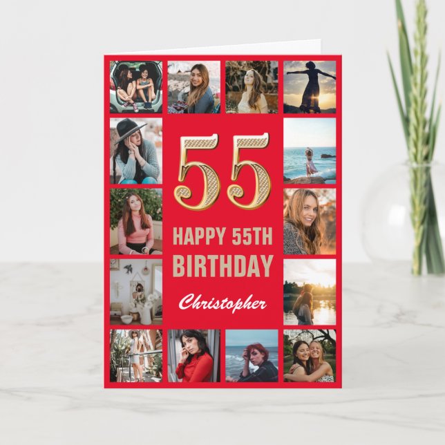 Carte 55e Joyeux Anniversaire Collage photo rouge et or (Devant)