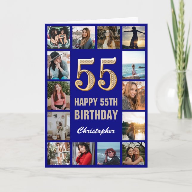Carte 55e Joyeux Anniversaire Marine Bleu & Gold Photo C (Devant)