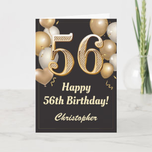 Carte 56e anniversaire Ballons Noir et Or Confetti