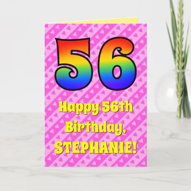 Carte 56e anniversaire : Pink Stripes & Hearts, Arc en c (Devant)
