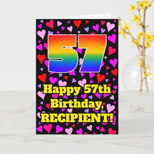 Carte 57e anniversaire : Amour Hearts Motif, Arc-en-ciel (Fleur jaune)