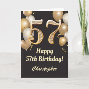 Carte 57e anniversaire Ballons Noir et Or Confetti
