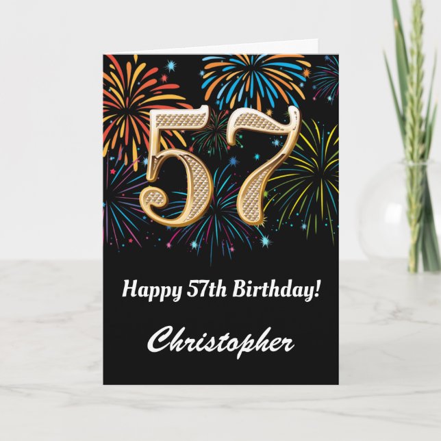 Carte 57e anniversaire Rainbow Fireworks noir et or (Devant)