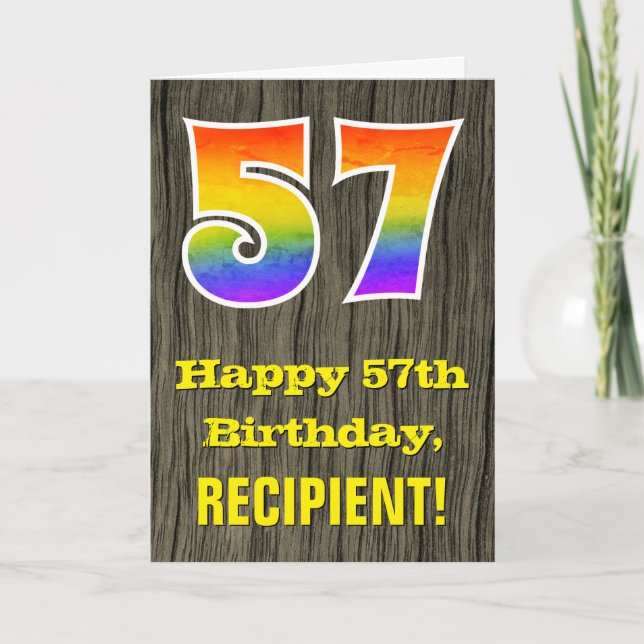 Carte 57e anniversaire : Rustic Faux Wood Look, Arc-en-c (Devant)