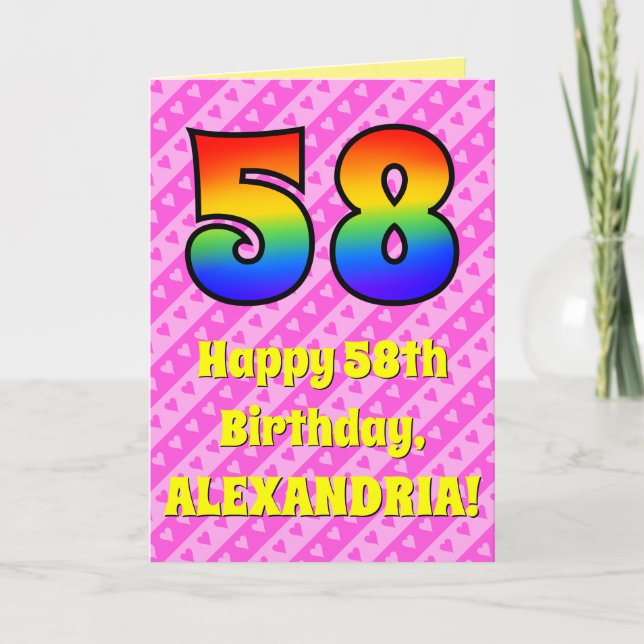 Carte 58e anniversaire : Pink Stripes & Hearts, Arc en c (Devant)