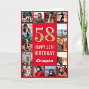 Carte 58e Joyeux Anniversaire Rouge et or Collage photo