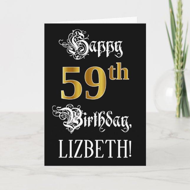 Carte 59e anniversaire — Script fantaisie; look or Faux; (Devant)