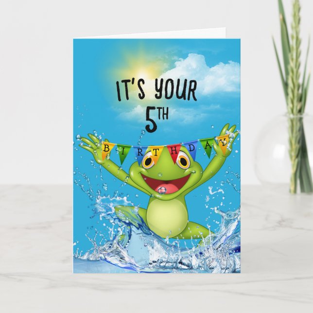 Carte 5 Anniversaire Grenouille à sauter dans l'eau (Devant)