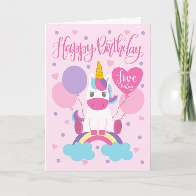Carte 5 Anniversaire Unicorne Assis Sur Arc En Ciel (Devant)