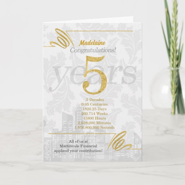 Carte 5 ans Anniversaire de l'employé Élégance commercia (Devant)
