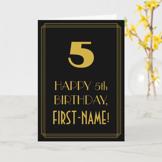 Carte 5e anniversaire - Art Déco Inspiré Look "5" & Nom (Fleur jaune)