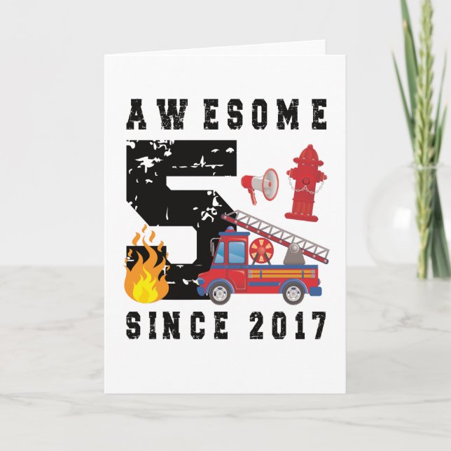 Carte 5e anniversaire Cadeau pompier garçon Né en 2017 (Devant)