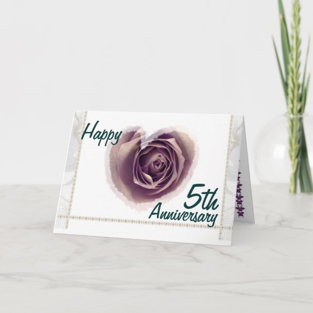 Carte 5e anniversaire du Mariage - Coeur de Rose violet (Devant)