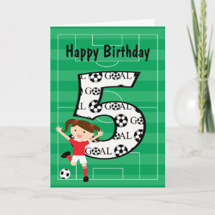 Carte 5e anniversaire Fille de football rouge et blanc 1