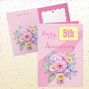 Carte 5e anniversaire gerbera fleurs rose