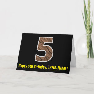 Carte 5e anniversaire : Nom + Motif Faux Wood Grain "5"