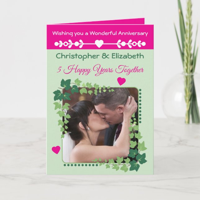 Carte 5e anniversaire photo vert rose (Devant)