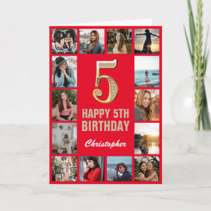 Carte 5e Joyeux Anniversaire Collage photo rouge et or 