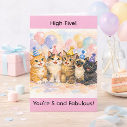 Carte 5th Birthday Girl Age 5 Watercolor Cute Cat Party