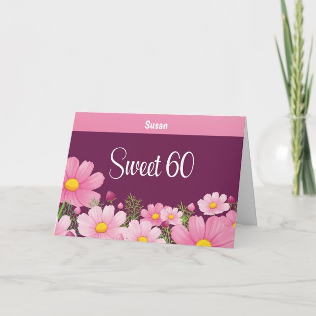 Carte 60 Anniversaire Doux Avec Marguerites Roses (Devant)