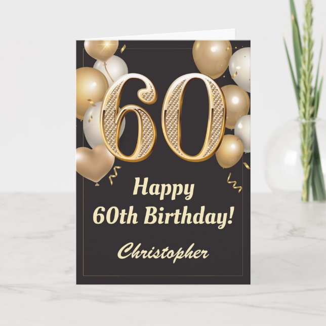 Carte 60e anniversaire Ballons Noir et Or Confetti (Devant)