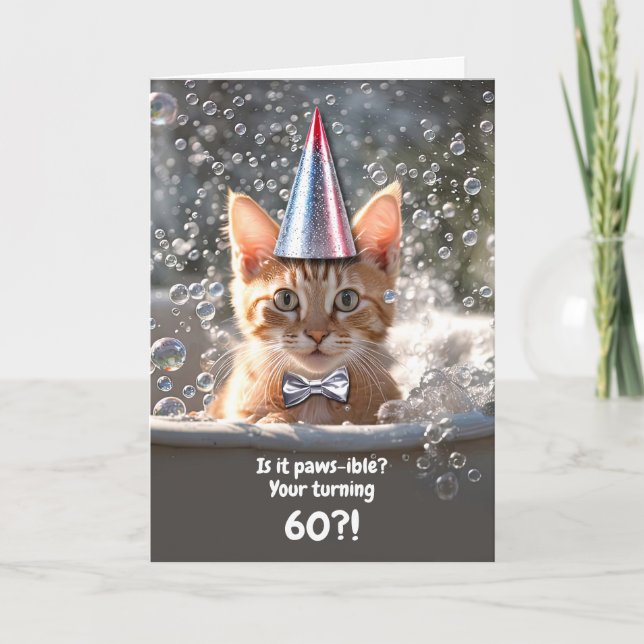 Carte 60e anniversaire mignonne et chaton drôle dans Bai (Devant)