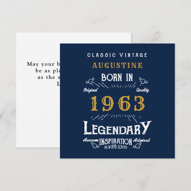 Carte 60e anniversaire Né 1963 Légende Blue Gold Greetin (Devant / Derrière)