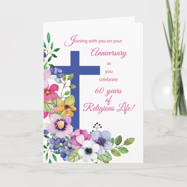 Carte 60e anniversaire, Nun, Religious Life Cross et Fl (Devant)