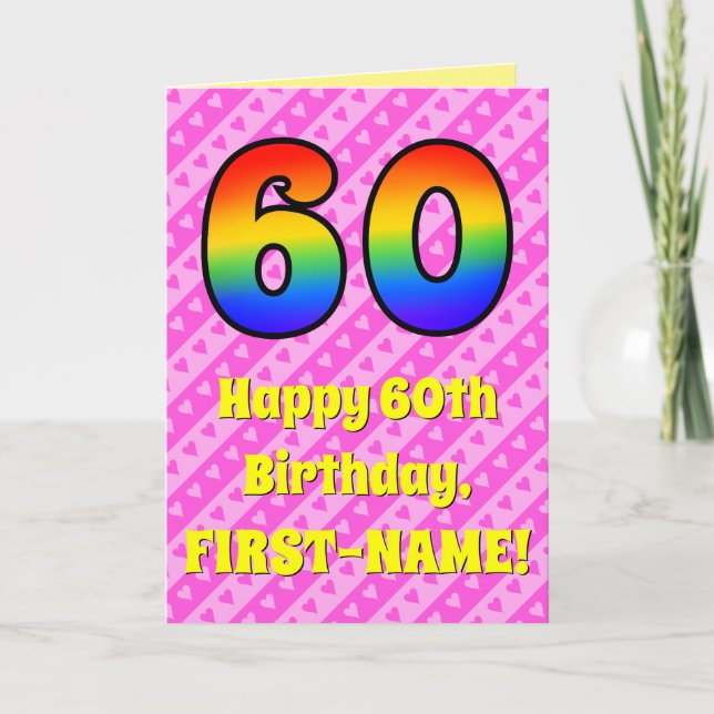 Carte 60e anniversaire : Pink Stripes & Hearts, Arc en c (Devant)
