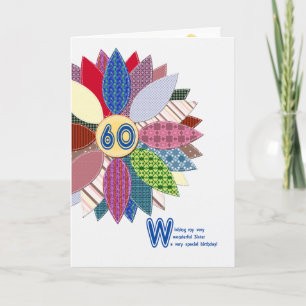 Carte 60e anniversaire pour soeur, fleur cousue