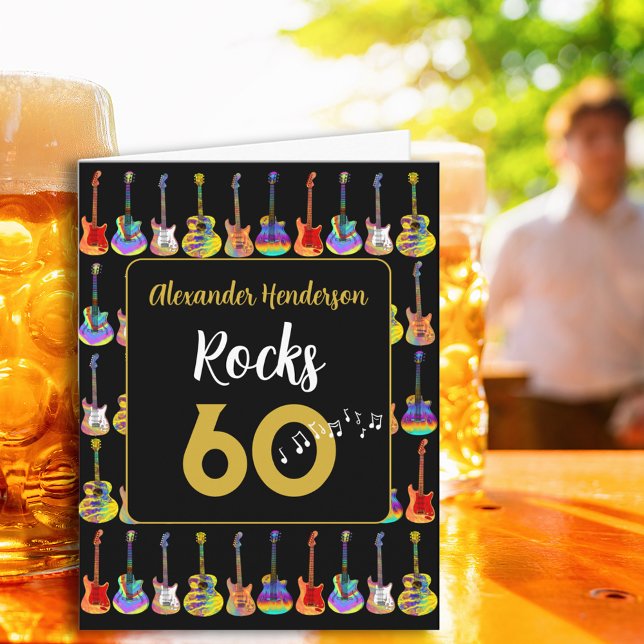 Carte 60e anniversaire Rock and Roll Guitar ajouter Nom (Cool 60th birthday rock and roll guitar black and gold personalized greeting card)