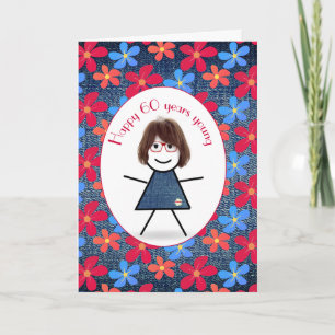Carte 60e Anniversaire Stick Girl and Daisies On Denim