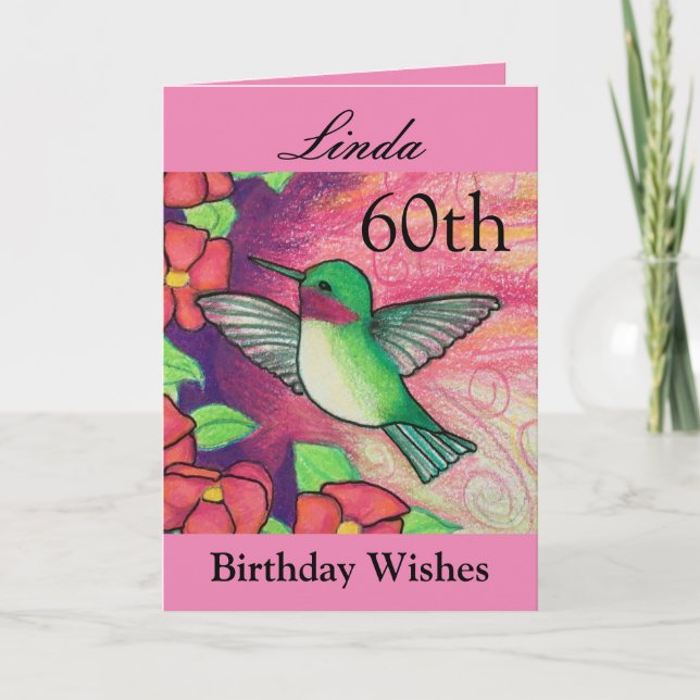 Carte 60e anniversaire Voeux de colibri rose (Devant)