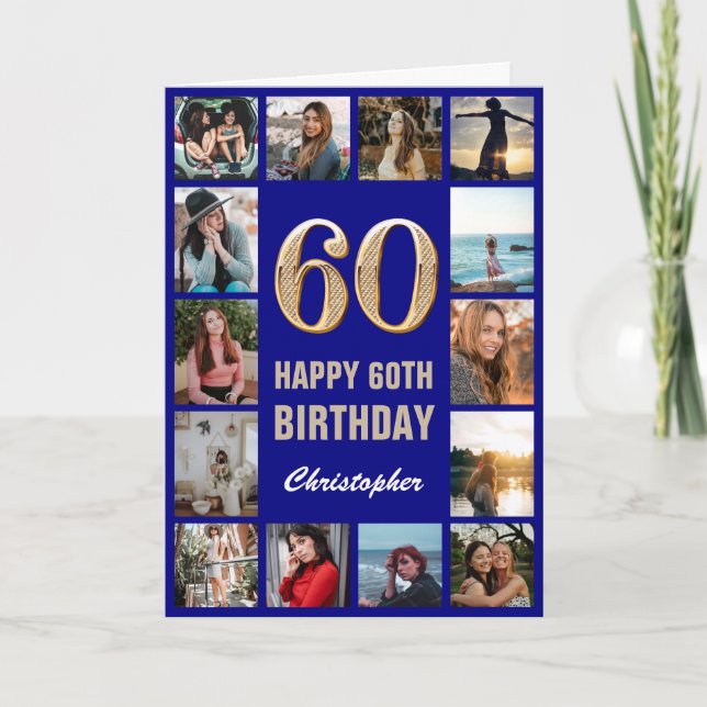 Carte 60e Joyeux Anniversaire Marine Bleu & Gold Photo C (Devant)
