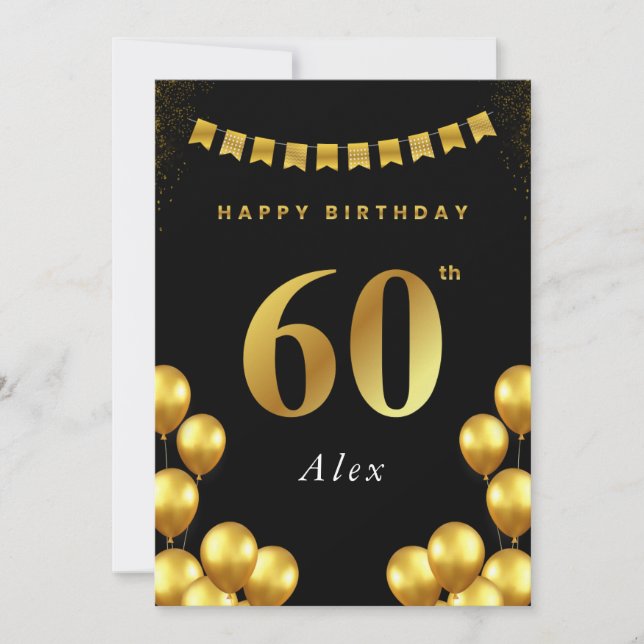 Carte 60th Birthday Card Black and Gold Balloons (Devant)