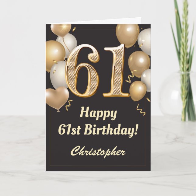 Carte 61e anniversaire Ballons Noir et Or Confetti (Devant)