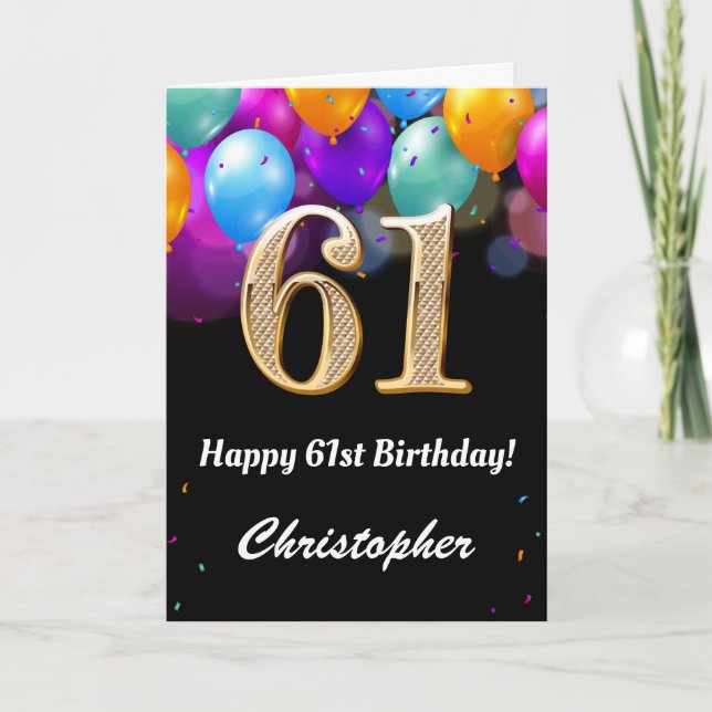 Carte 61e anniversaire Ballons noirs et dorés (Devant)
