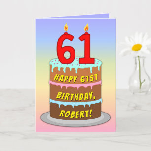 Carte 61e anniversaire — Fun Cake & Candles, avec nom pe