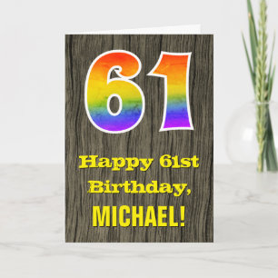 Carte 61e anniversaire : Rustic Faux Wood Look, Arc-en-c