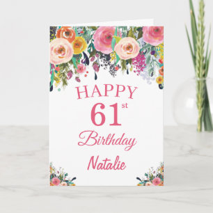 Carte 61st Birthday Watercolor Floral Flowers Pink Card