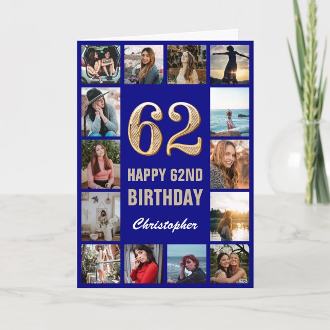 Carte 62e Joyeux Anniversaire Marine Bleu & Gold Photo C (Devant)