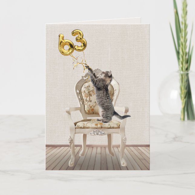 Carte 63e anniversaire Ballons et Tabby Cat (Devant)