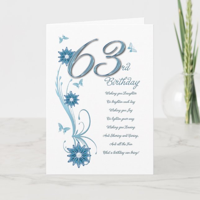 Carte 63e anniversaire en turquoise avec fleurs et papil (Devant)