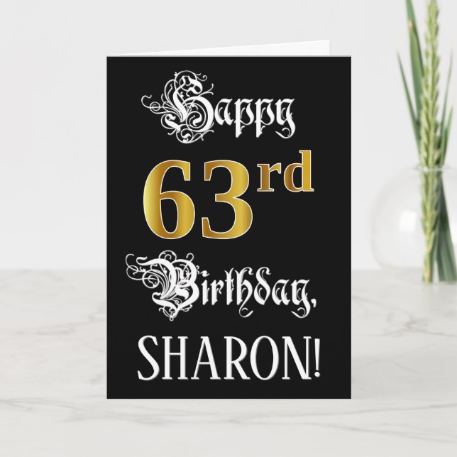 Carte 63e anniversaire — Script fantaisie; look or Faux; (Devant)