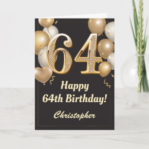 Carte 64e anniversaire Ballons Noir et Or Confetti