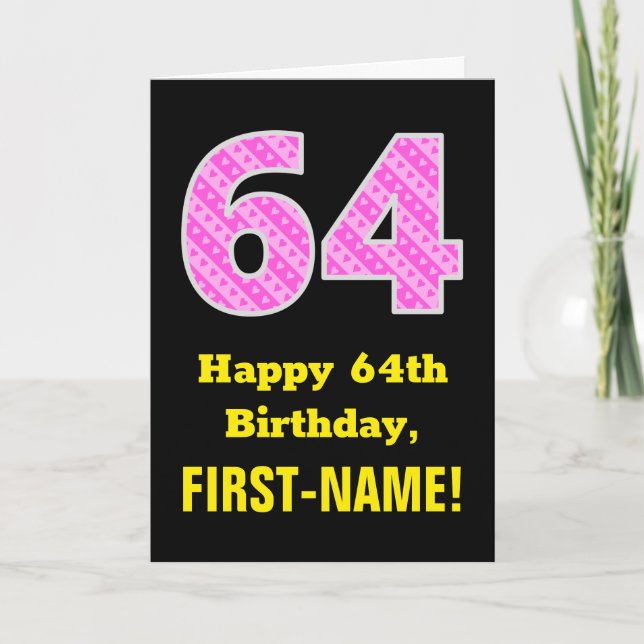 Carte 64e anniversaire : Pink Stripes and Hearts "64" +  (Devant)