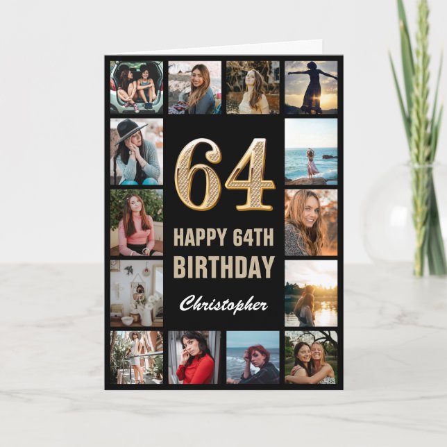 Carte 64e Joyeux Anniversaire Black and Gold Photo Colla (Devant)