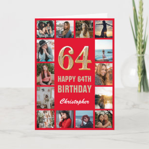 Carte 64e Joyeux Anniversaire Collage photo rouge et or