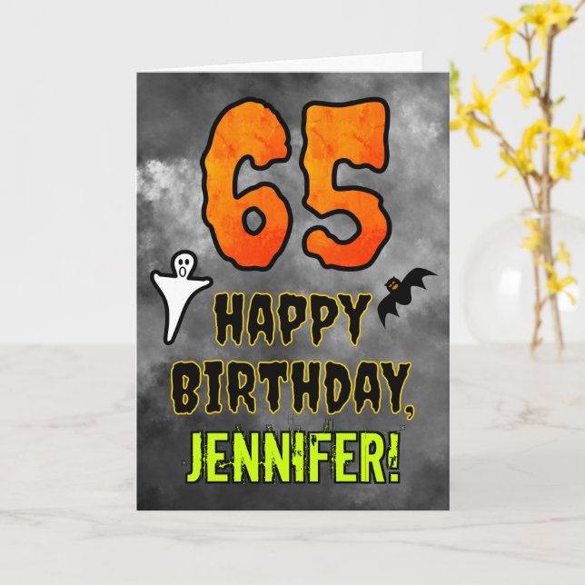 Carte 65e anniversaire : Eerie Halloween Thème + Nom per (Fleur jaune)